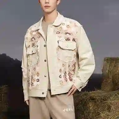 中国李宁 都市游牧 花卉双口袋单排扣牛仔外套 男款 燕麦灰