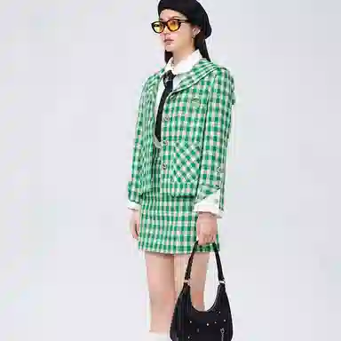 太平鸟 格纹休闲高腰半身裙 绿色