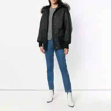 Miu Miu Solid Color Fur Collar Jacket Black