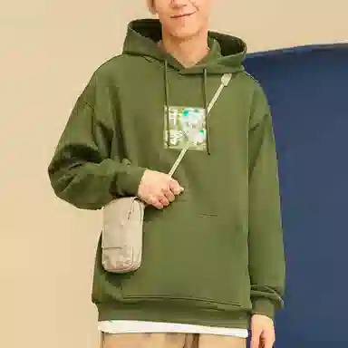 中国李宁 运动篮球系列 连帽方印图案休闲宽松套头卫衣 秋季 情侣款 绿色