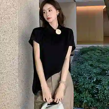 美洋 纯色斜领短袖衬衫 女款