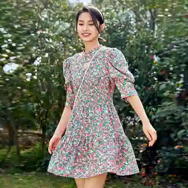 太平鸟 碎花灯笼袖收腰镂空茶歇五分袖连衣裙