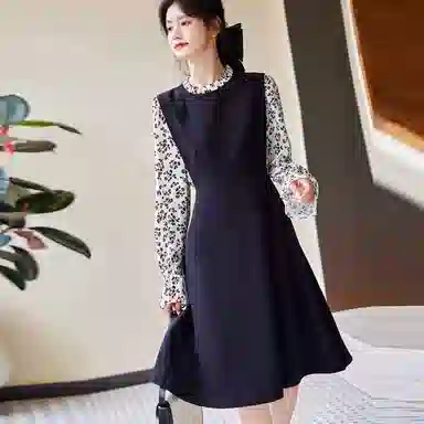 【dme】 撞色圆领碎花长袖连衣裙 黑色