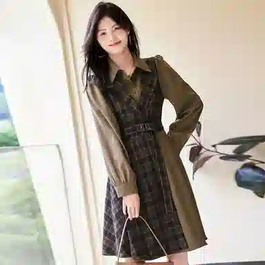 【dme】 格纹拼色翻领长袖连衣裙 巧克力