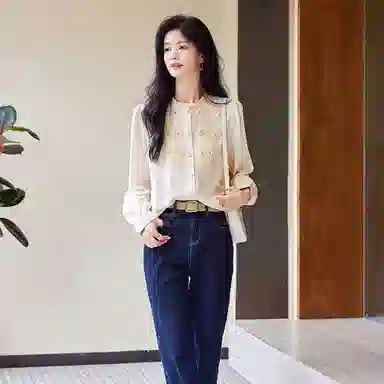 【dme】 法式纯色立领泡泡长袖雪纺衫 女款 米白