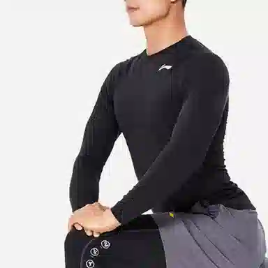 李宁 健身系列 纯色圆领长袖紧身健身衣 男款 黑色