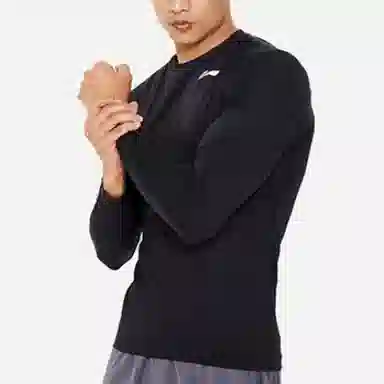 李宁 健身系列 纯色圆领长袖紧身健身衣 男款 黑色