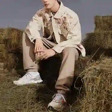 中国李宁 都市游牧 花卉双口袋单排扣牛仔外套 男款 燕麦灰