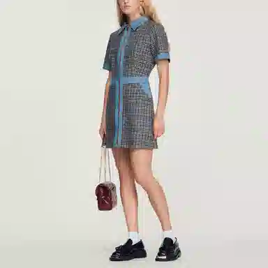 Sandro FW22 Denim Patchwork Plaid Dress Blue
