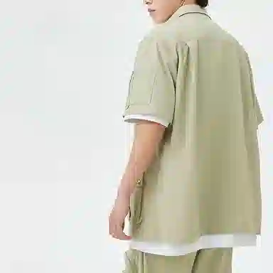 中国李宁 字母印花宽松休闲单排扣短袖衬衫 男款 榆枝绿