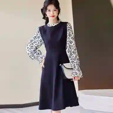 【dme】 撞色圆领碎花长袖连衣裙 黑色