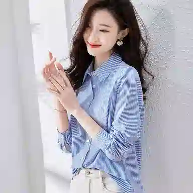 【dme】 尖领条纹纽扣长袖衬衫 女款