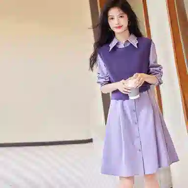 【dme】 纯色针织背心衬衫连衣裙长袖衬衫套装 女款 茄紫