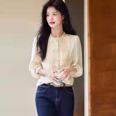 【dme】 法式纯色立领泡泡长袖雪纺衫 女款 米白
