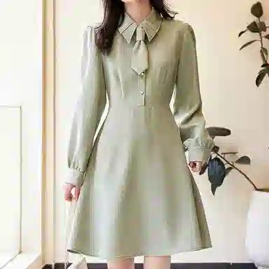 【dme】 纯色单排扣休闲长袖连衣裙 绿色