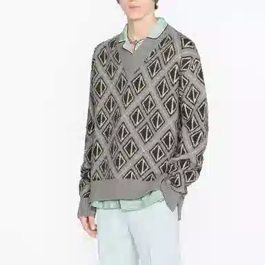 DIOR SS22 Diamond V-Neck Wool Sweater Gray