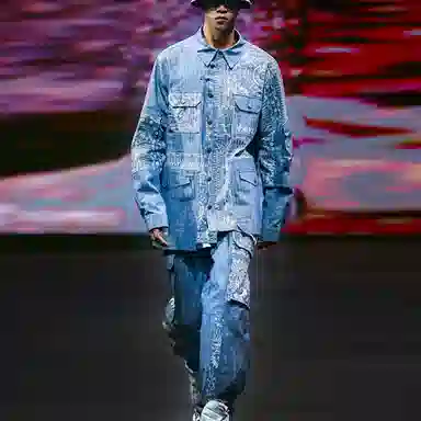 李宁 运动时尚系列 图案印花抽绳收口梭织牛仔裤 男款 故乡蓝