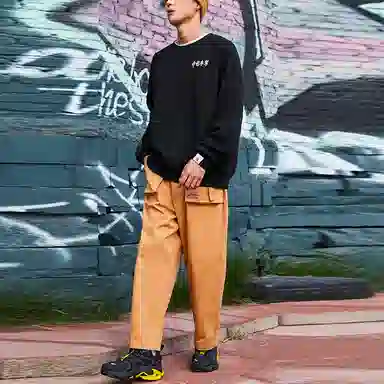 中国李宁 刺绣宽松套头休闲卫衣 情侣款 黑色