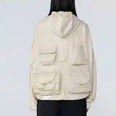 中国李宁 韦德系列 口袋拼接宽松连帽套头卫衣 情侣款 米白色