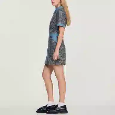 Sandro FW22 Denim Patchwork Plaid Dress Blue
