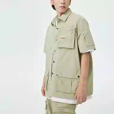 中国李宁 字母印花宽松休闲单排扣短袖衬衫 男款 榆枝绿