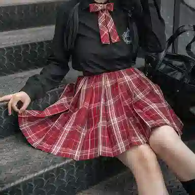 豹了个猫 格子高腰宽松短款百褶半身裙裙装制服 女款