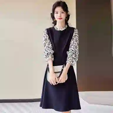 【dme】 撞色圆领碎花长袖连衣裙 黑色