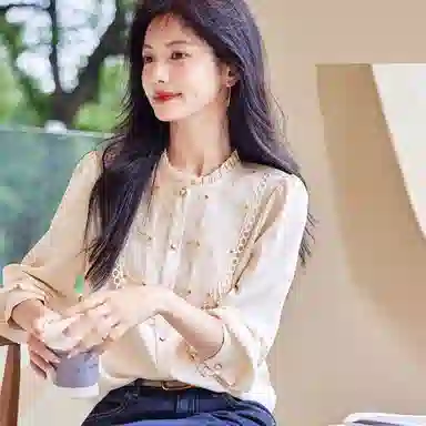 【dme】 法式纯色立领泡泡长袖雪纺衫 女款 米白