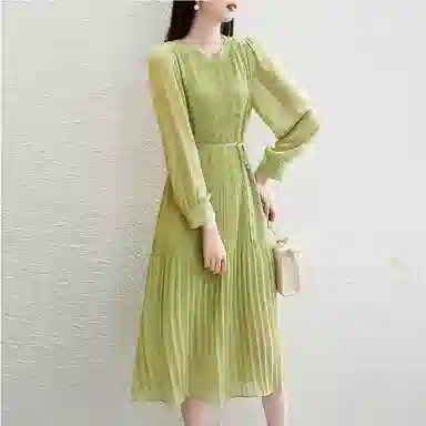 【dme】 纯色圆领雪纺长袖连衣裙 女款