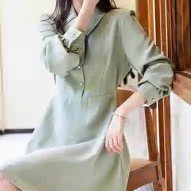【dme】 纯色单排扣休闲长袖连衣裙 绿色