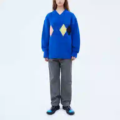ADER ERROR V-Neck Argyle Sweater Blue