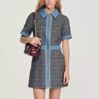 Sandro FW22 Denim Patchwork Plaid Dress Blue
