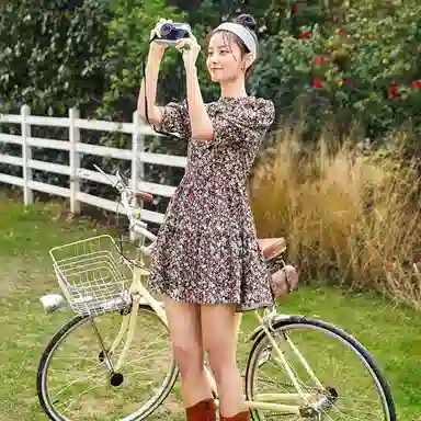 太平鸟 碎花灯笼袖收腰镂空茶歇五分袖连衣裙