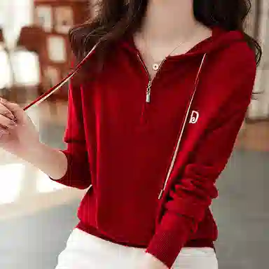 【dme】 纯色简约连帽长袖针织衫 女款