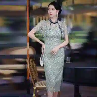 四美子 蕾丝复古钩花中长款侧开叉旗袍式短袖连衣裙 兰若