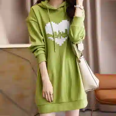 【dme】 爱心印花简约休闲连帽长袖连衣裙