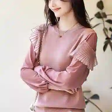 【dme】 纯色拼接休闲长袖针织衫 女款