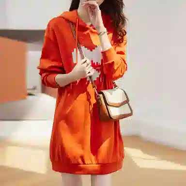 【dme】 爱心印花简约休闲连帽长袖连衣裙