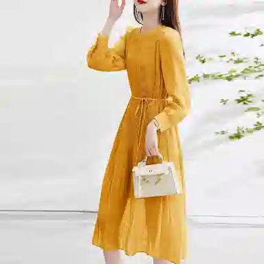 【dme】 纯色圆领雪纺长袖连衣裙 女款