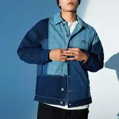 中国李宁 悟创吾意 撞色拼接单排扣色块翻领宽松棉服 男款 蓝色