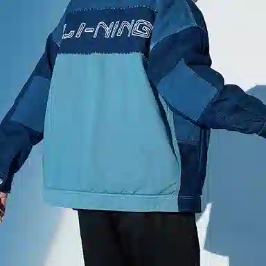 中国李宁 悟创吾意 撞色拼接单排扣色块翻领宽松棉服 男款 蓝色