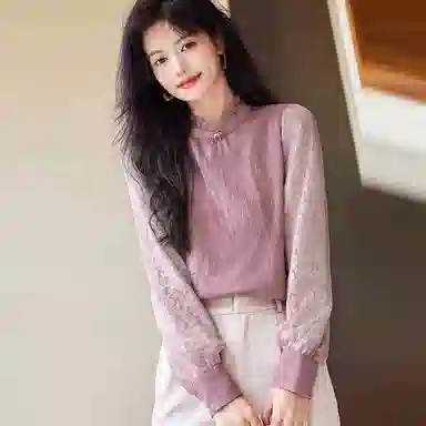 【dme】 蕾丝荷叶边撞色长袖衬衫 女款 豆沙粉