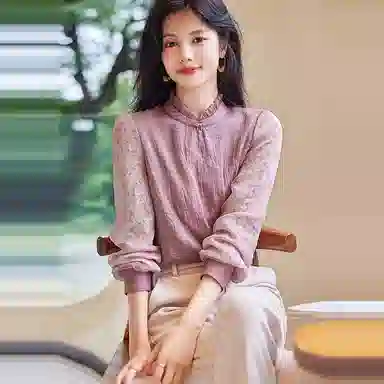 【dme】 蕾丝荷叶边撞色长袖衬衫 女款 豆沙粉