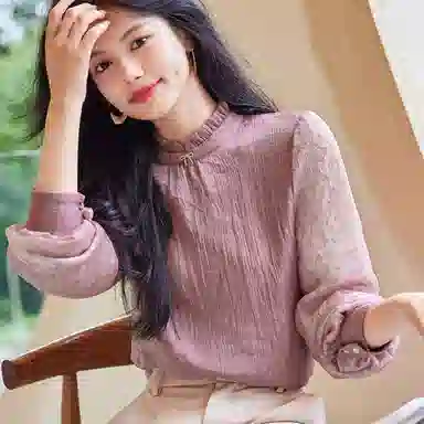 【dme】 蕾丝荷叶边撞色长袖衬衫 女款 豆沙粉