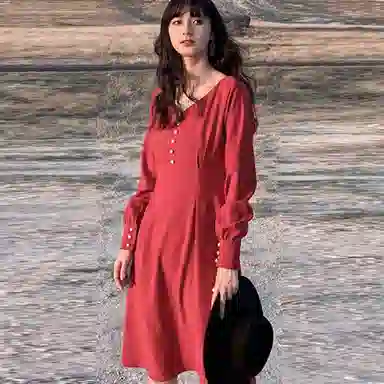 小镇姗姗 纯色灯笼长袖连衣裙