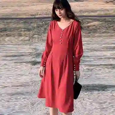 小镇姗姗 纯色灯笼长袖连衣裙