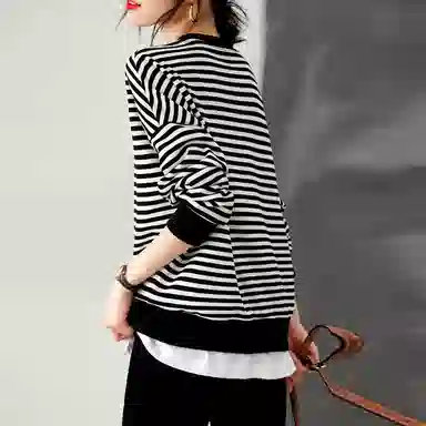 【dme】 圆领条纹薄款长袖卫衣 女款 黑白