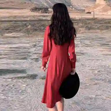 小镇姗姗 纯色灯笼长袖连衣裙