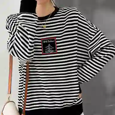 【dme】 圆领条纹薄款长袖卫衣 女款 黑白