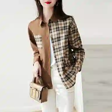 【dme】 拼接撞色格子长袖衬衫 女款 咖啡色